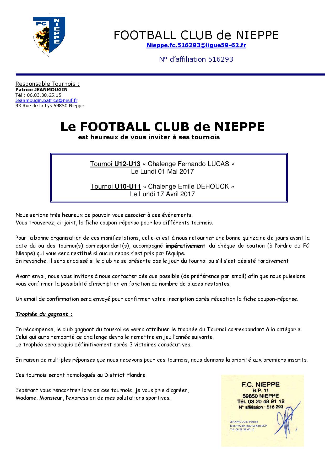 Invitation et Fiche d'inscription club Football FC NIEPPE Footeo
